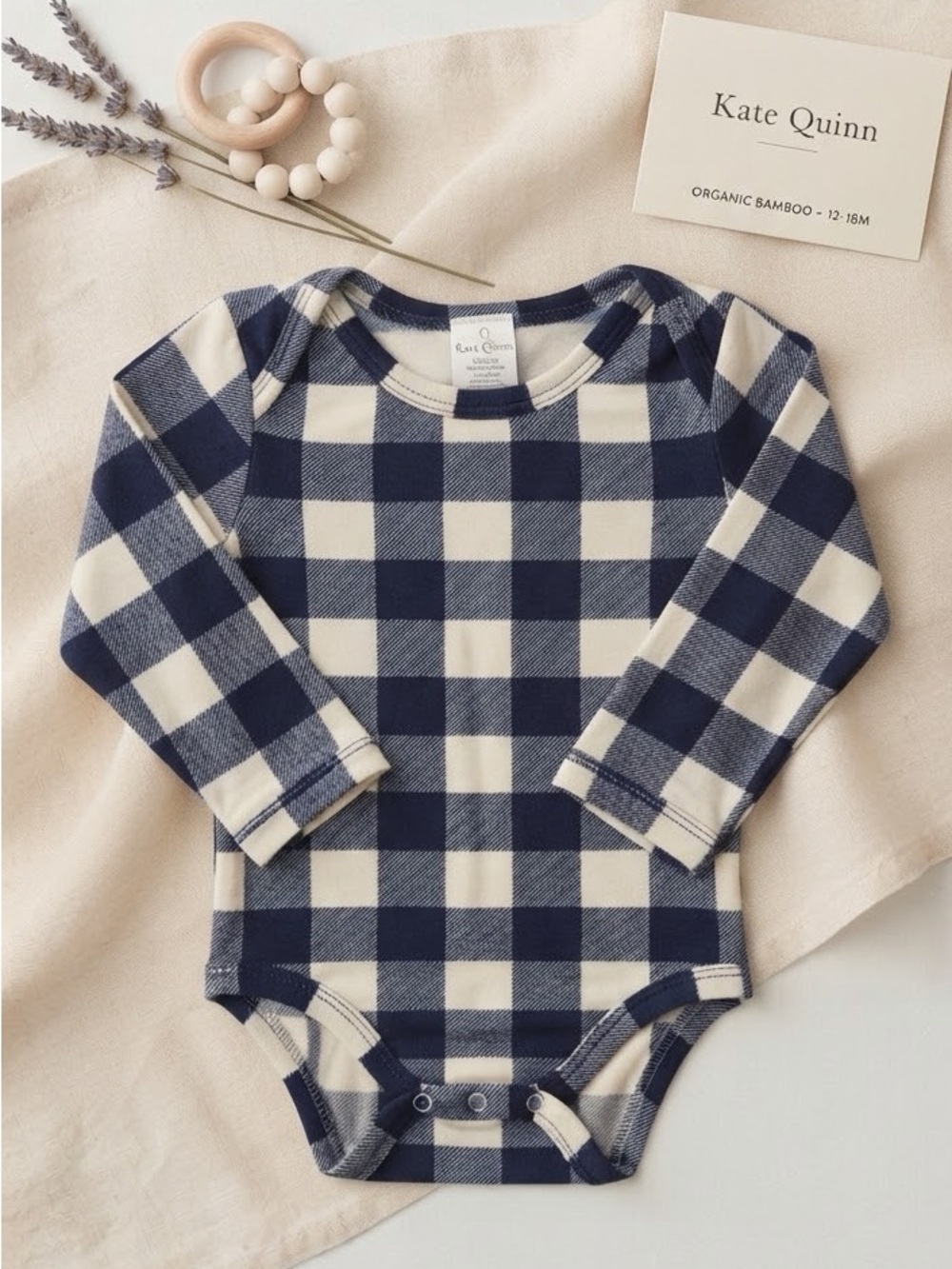 Kate Quinn Blue and White Buffalo Check Long Sleeve Baby Onesie 6-12 months
